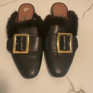 Bally Black Leather Mules with Gold Buckle and Fur